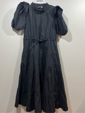 Meimeij Women’s Black Minimalist Puff Sleeve Long Tiered Dress US XS